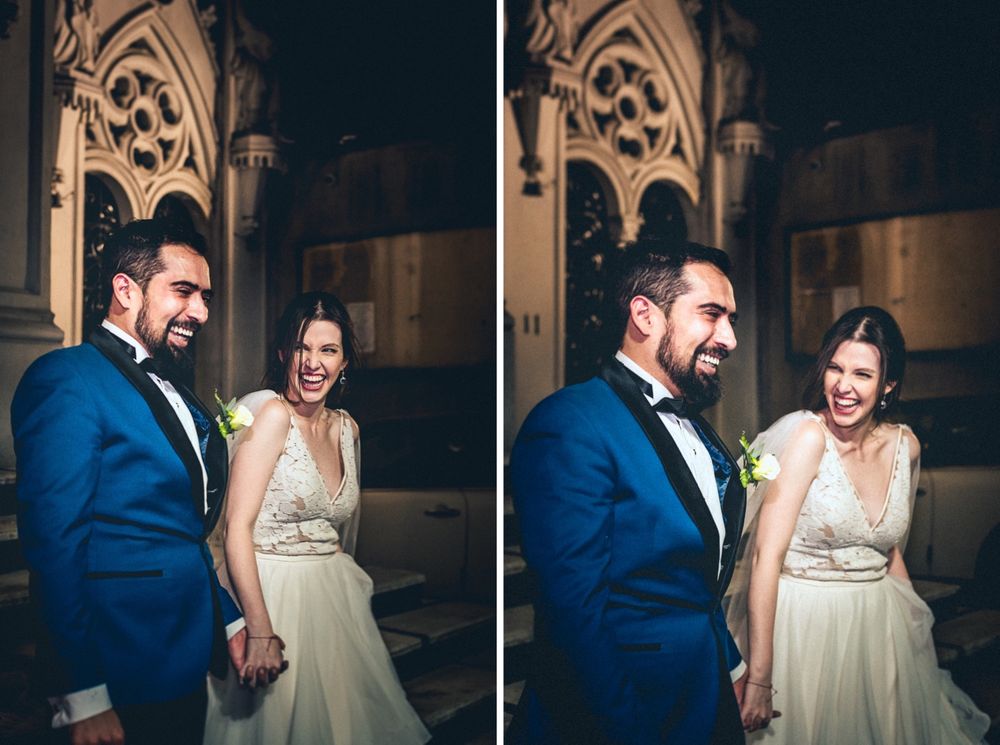 Sequence of romantic moments between couple in blue suit and ivory gown.