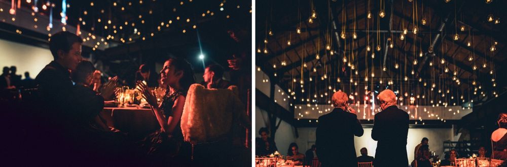 A ceiling decorated with hanging string lights creating a magical starlit effect.