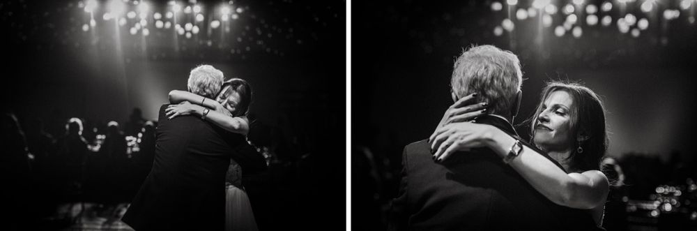Elegant black and white photos of dancing couple during intimate wedding reception moment.