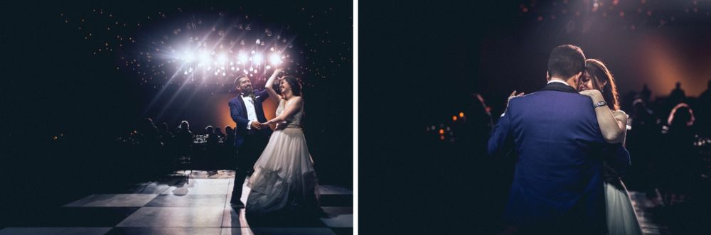 Romantic first dance captured from two angles under sparkling reception lighting.