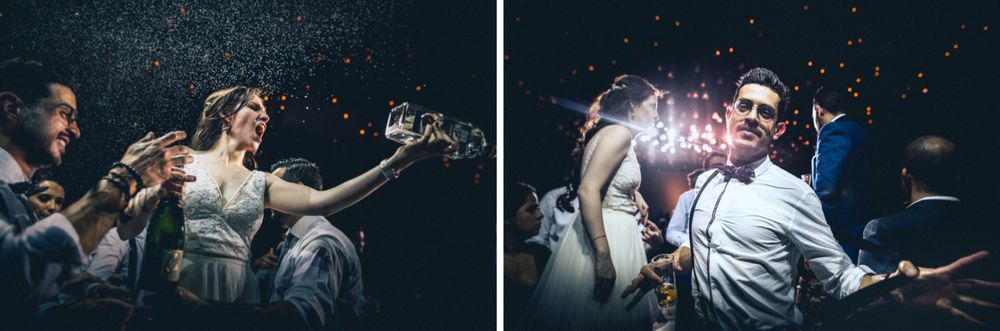 Wedding celebration photos showing guests dancing and celebrating with dramatic lighting effects.