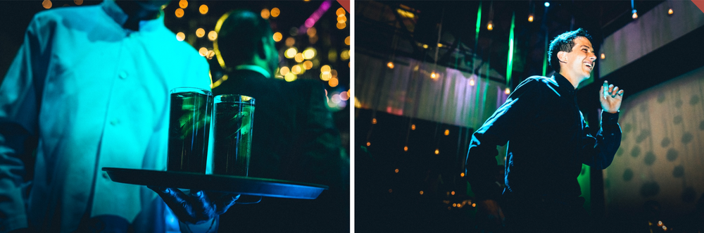 Dance floor scene with colorful party lights and festive atmosphere at wedding reception.
