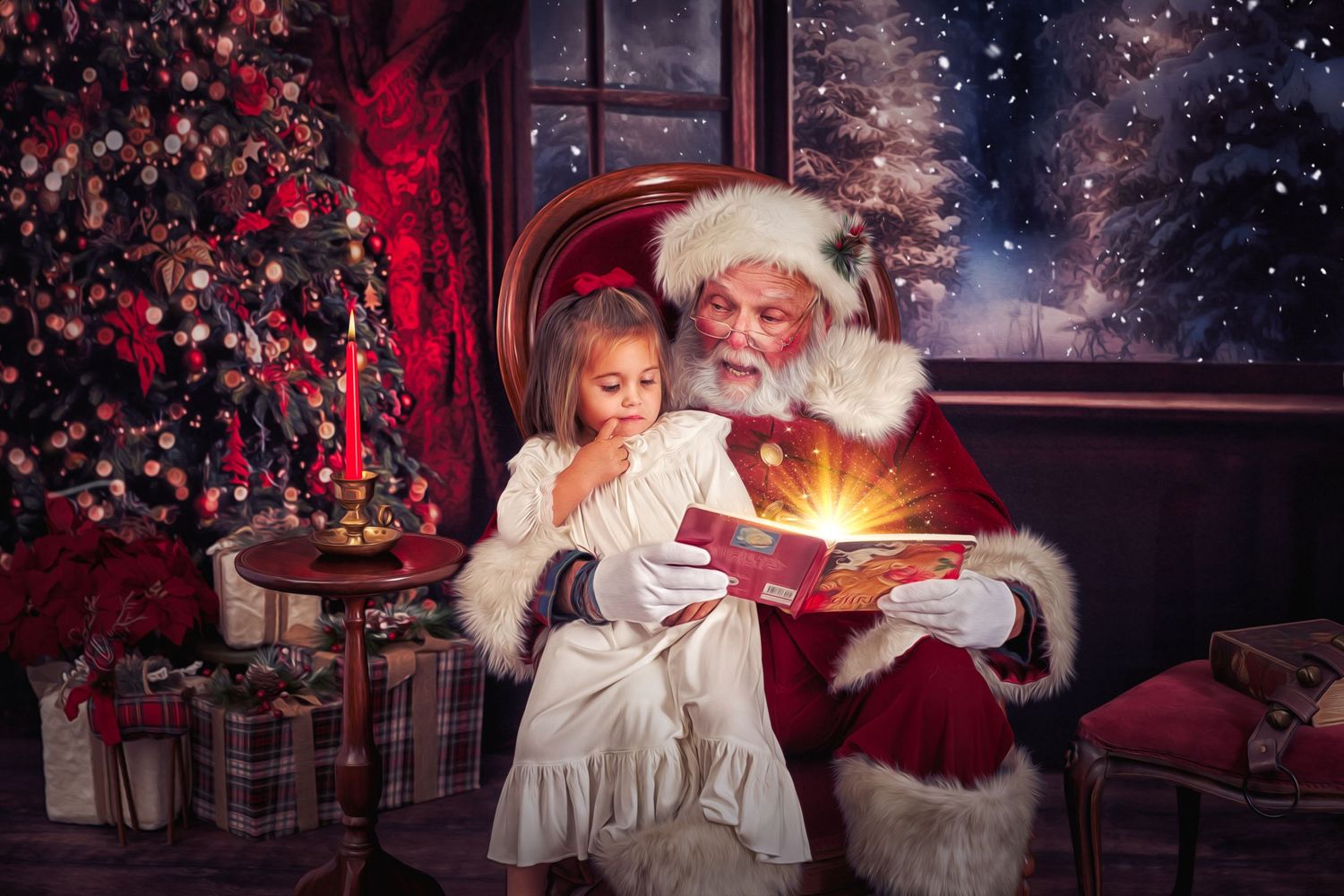 Santa reading "The Night Before Christmas" to toddler girl in white nightgown