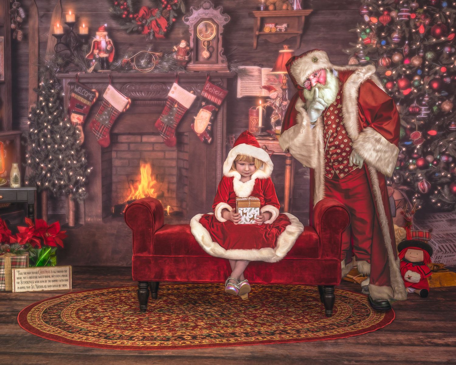 Girl in Santa dress holding a Christmas gift while Santa secretly watches over her