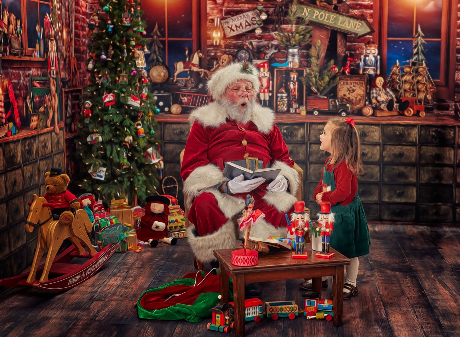 Toddler girl and Santa having a conversation