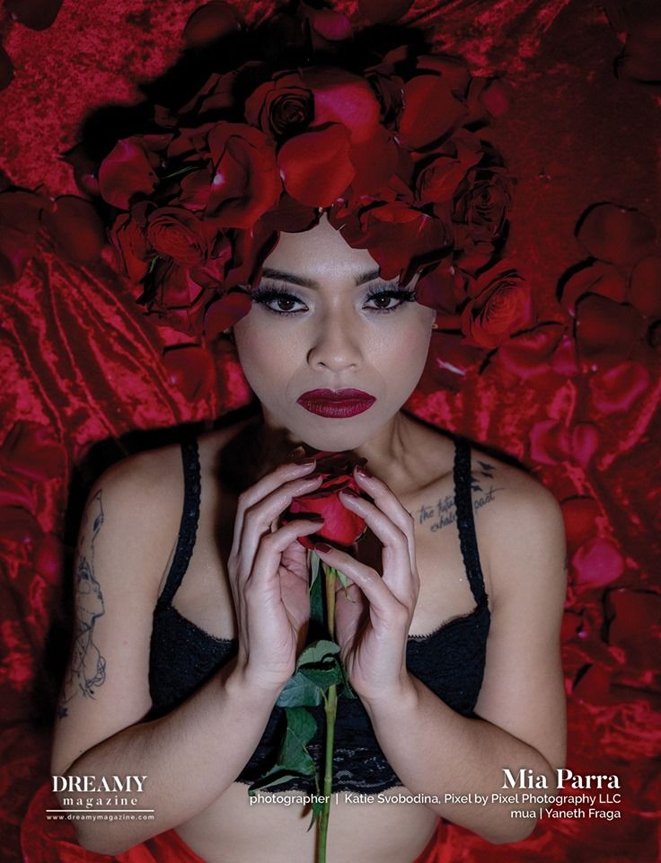 Dreamy Magazine page of published photography work, female portrait with roses in her hair.