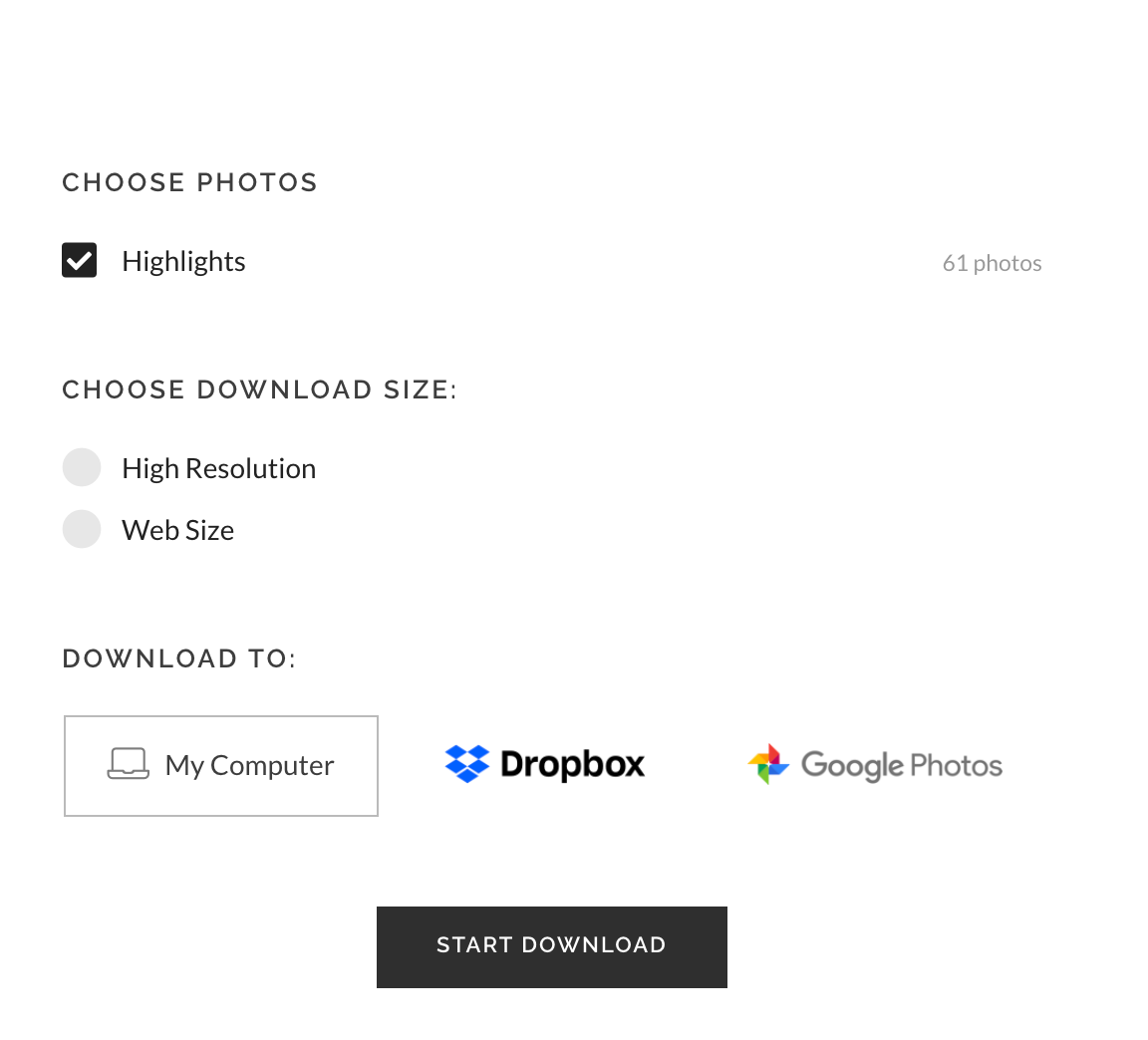 Download options interface showing photo resolution choices and cloud storage destinations.