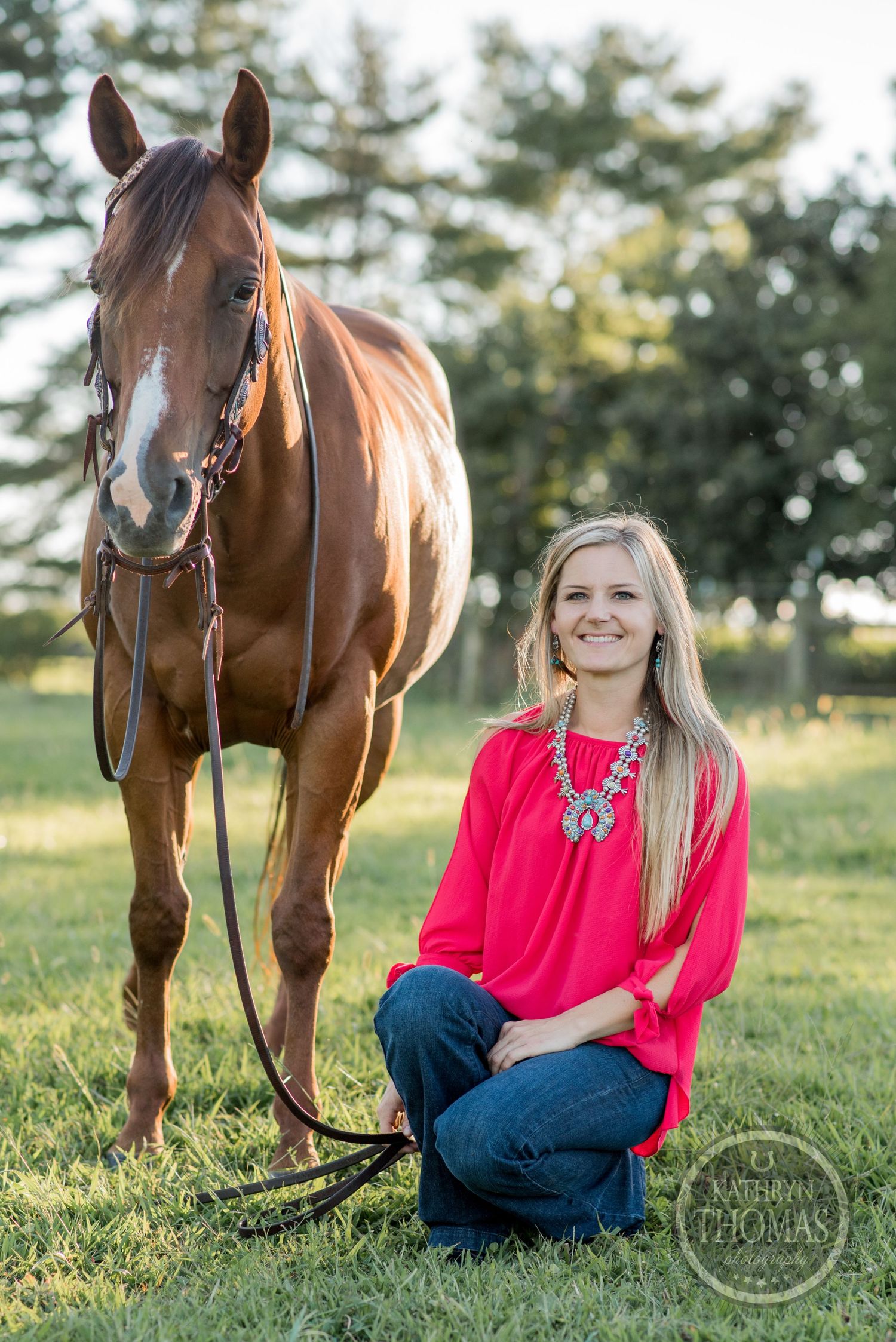 A majestic brown horse stands beside someone in a bright red top in a pastoral setting.