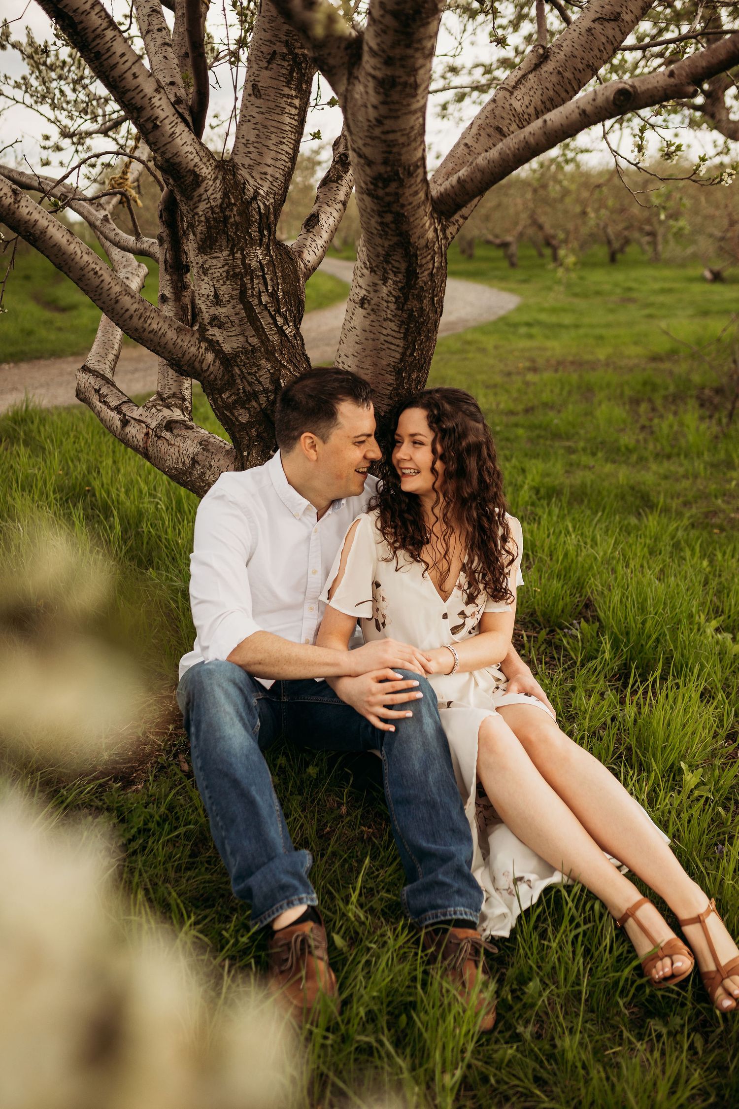 A couple sits intimately under a large tree on a grassy hillside in spring.