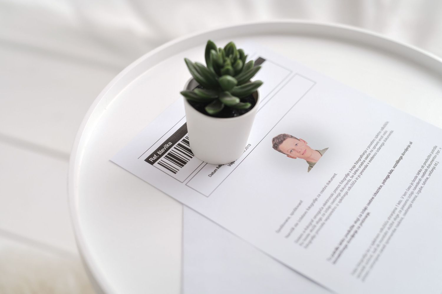 Small succulent plant in white pot on white table with document.