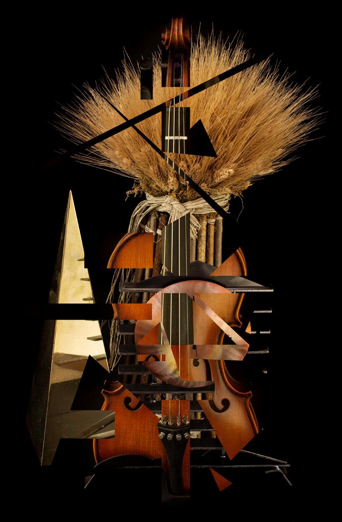 Artistic still life composition of a broken violin with wheat stalks against a dark background.