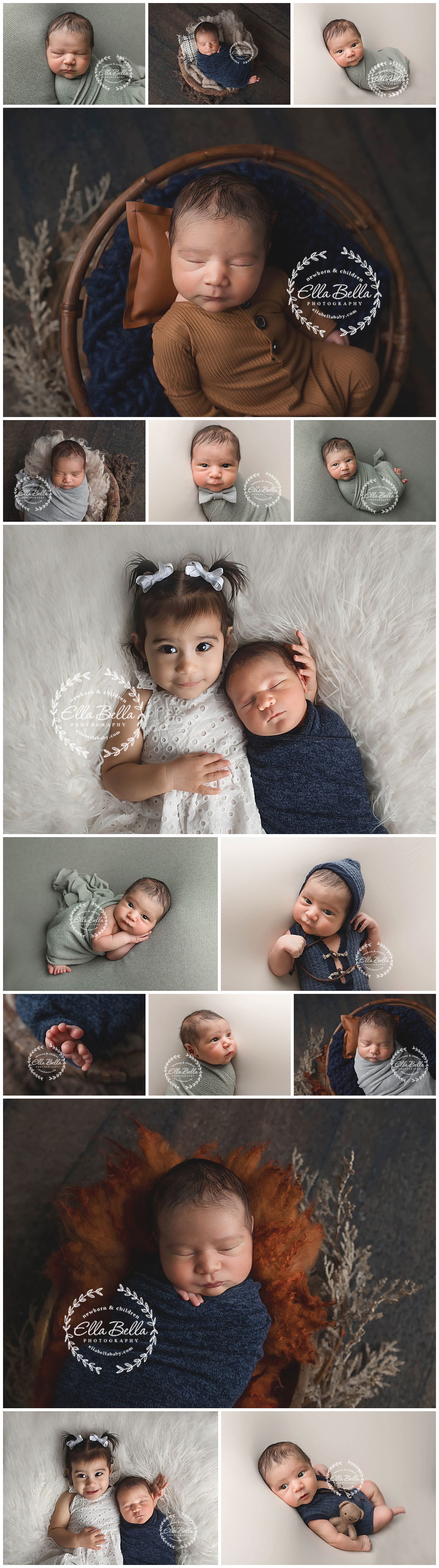 Professional newborn photo collection featuring neutral colors, wraps, and sibling portraits.
