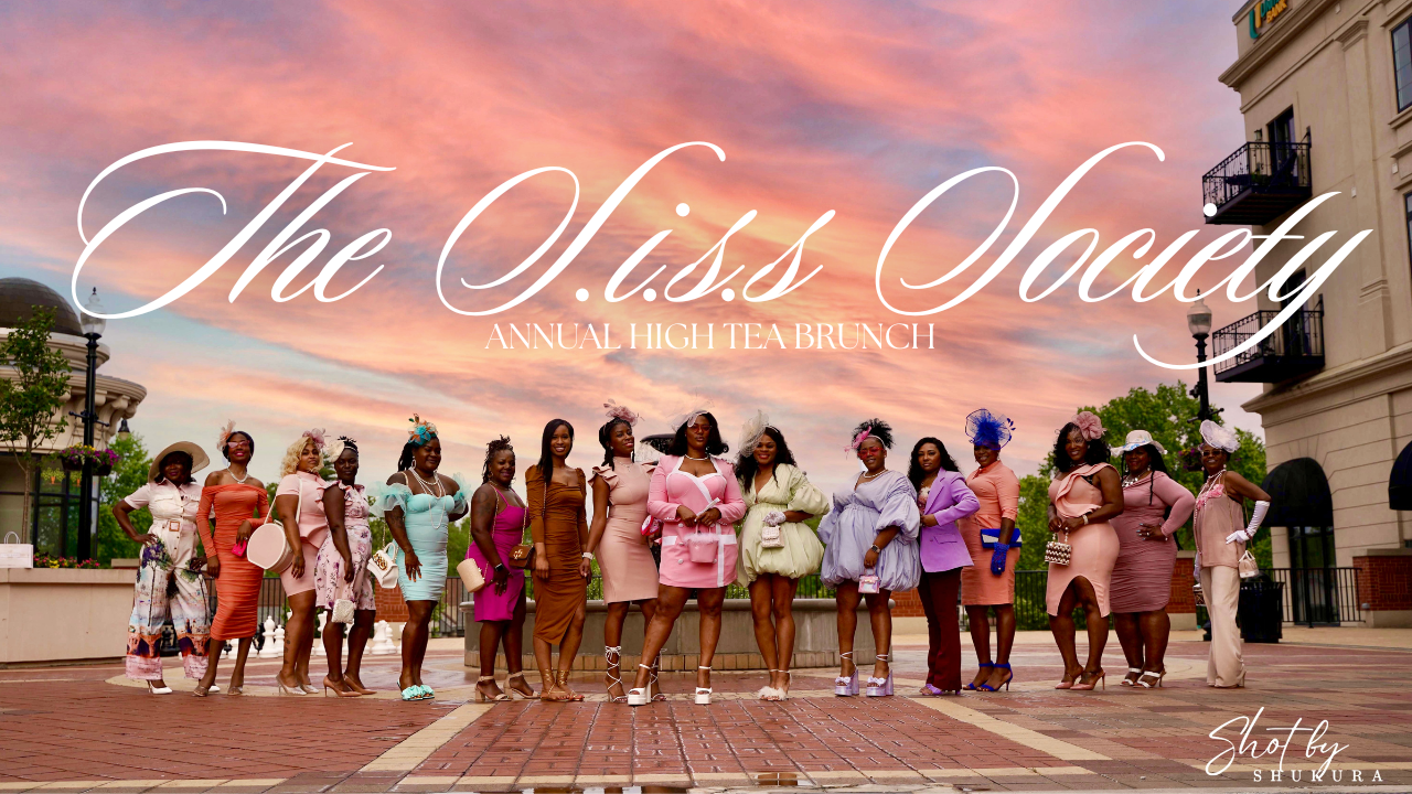 Group photo at sunset celebrating The Siss Society event with decorative text overlay.