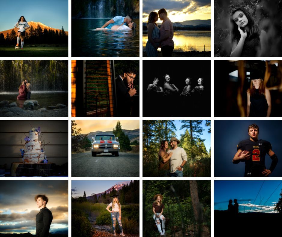 Colorful senior portraits, maternity portraits in front of McCloud Falls, Black and white wedding portraits in Siskiyou