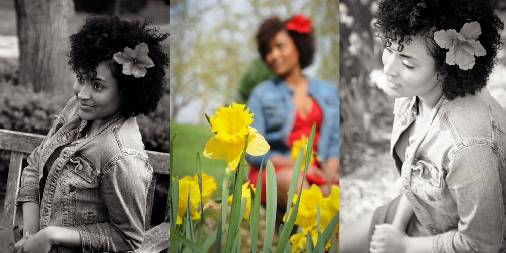 Triptych portrait with daffodils featuring vintage and color styling.