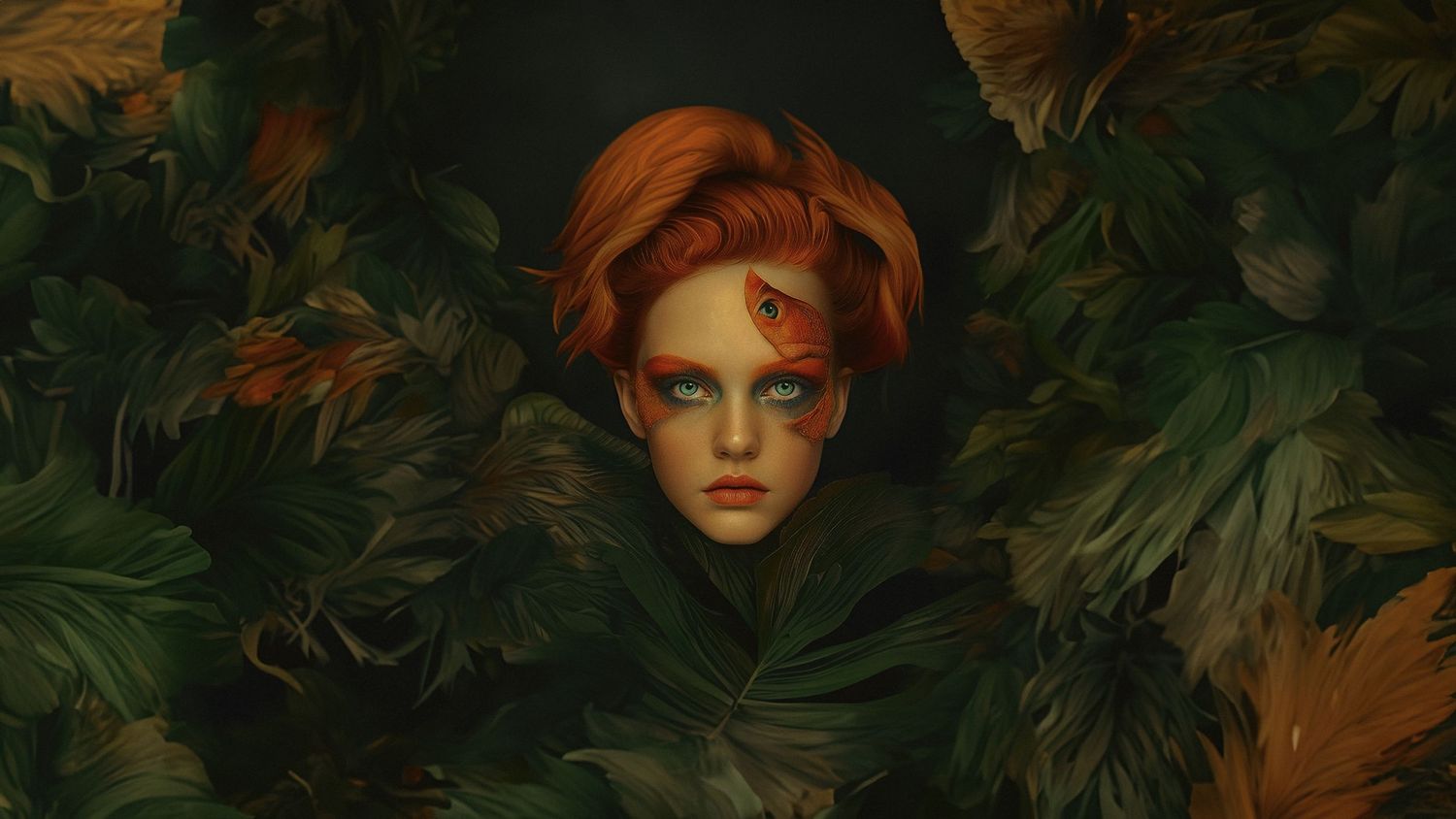 Autumn-themed artistic portrait surrounded by dramatic foliage and leaves.