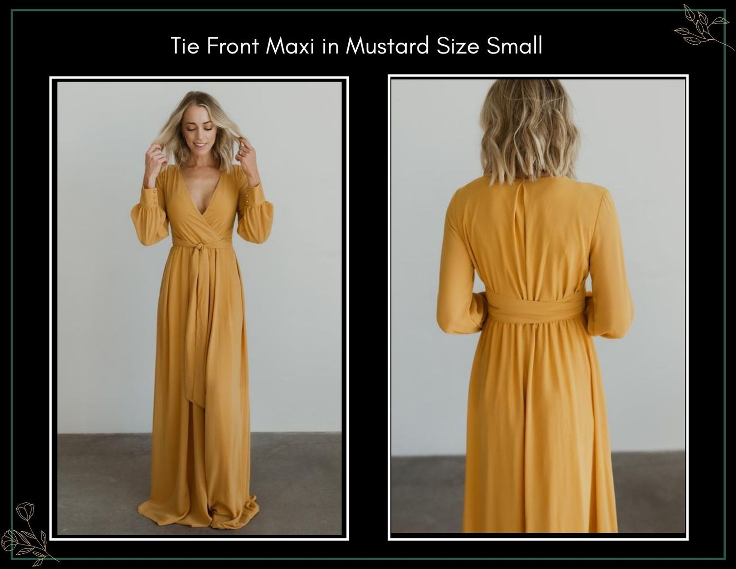 Mustard yellow tie-front long sleeve maxi dress with V-neckline, shown in front and back views, size Small.