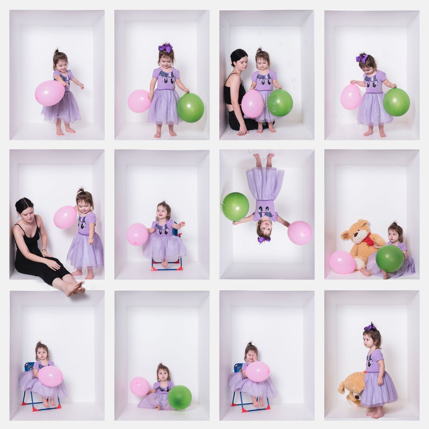 Studio photo series featuring child with balloons and teddy bear in purple dress.