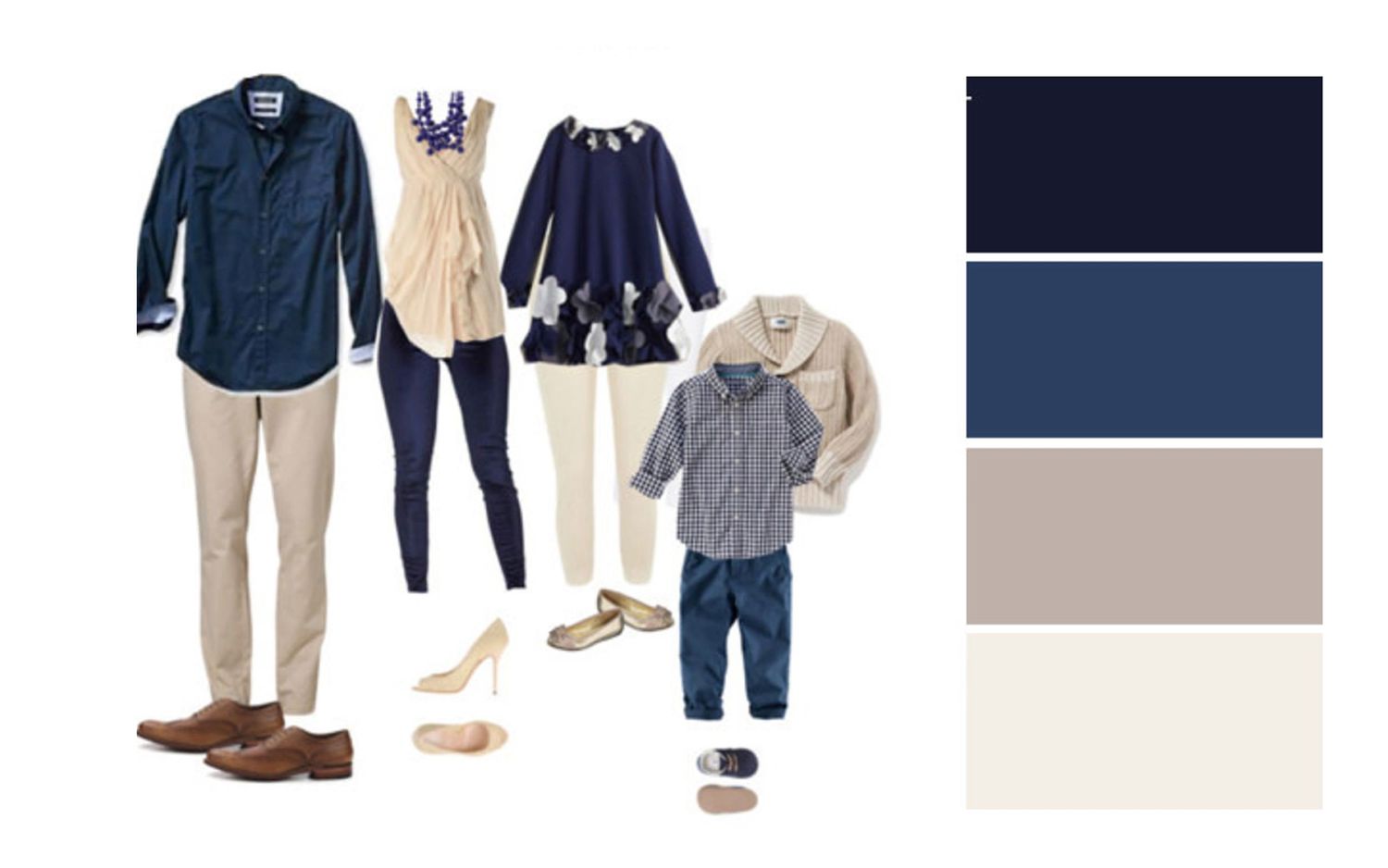 Family wardrobe style guide with navy blue and neutral color palette combinations.