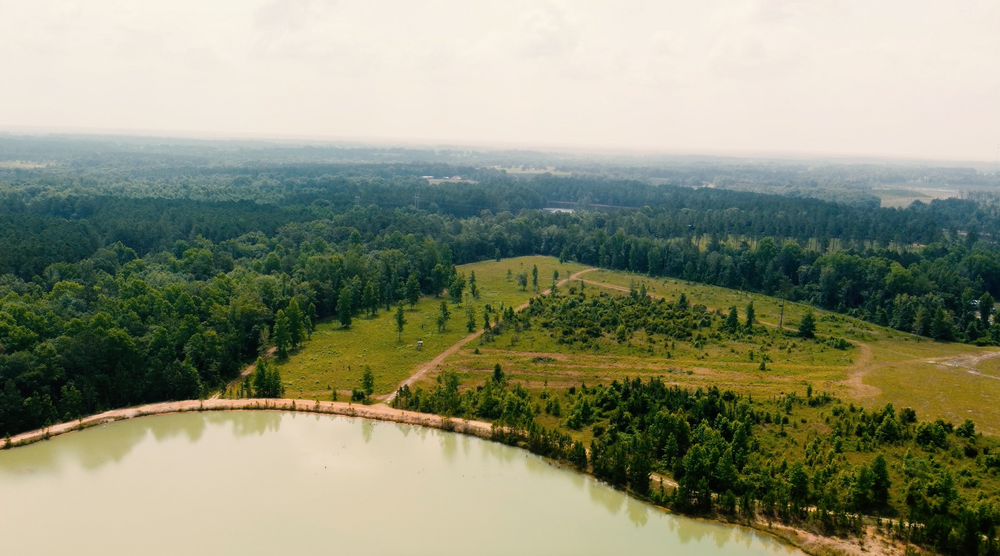 Aerial view of a shoreline with green forests and rolling hills extending into the distance.