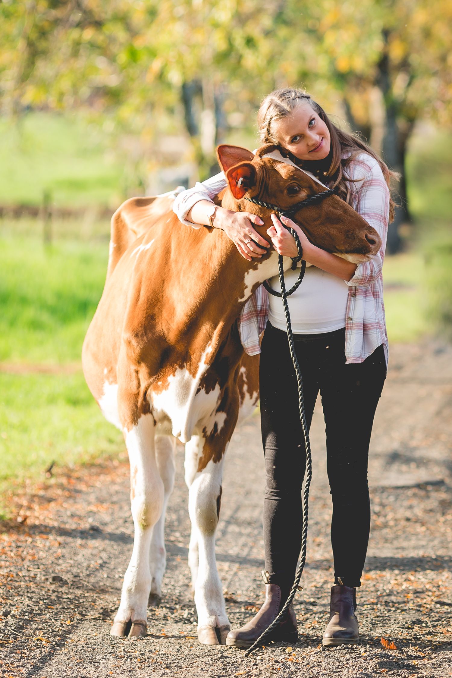 Woman hugging brown and white dairy cow on rural path.