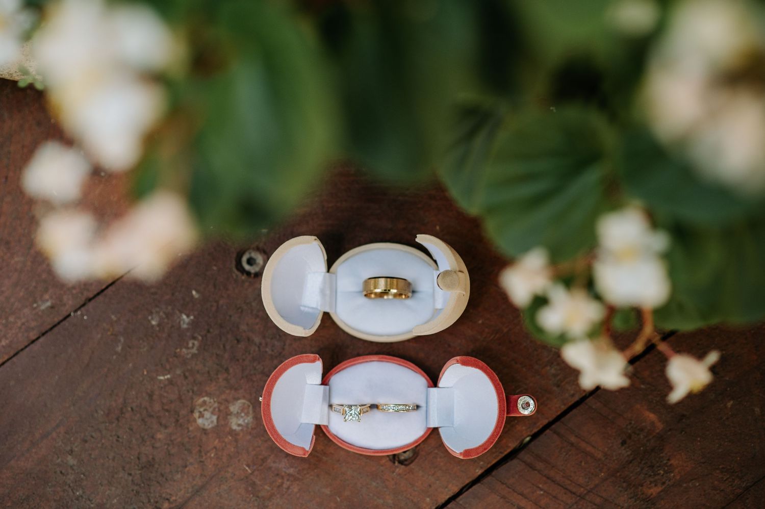 Wedding rings displayed on delicate white and pink ring holders.