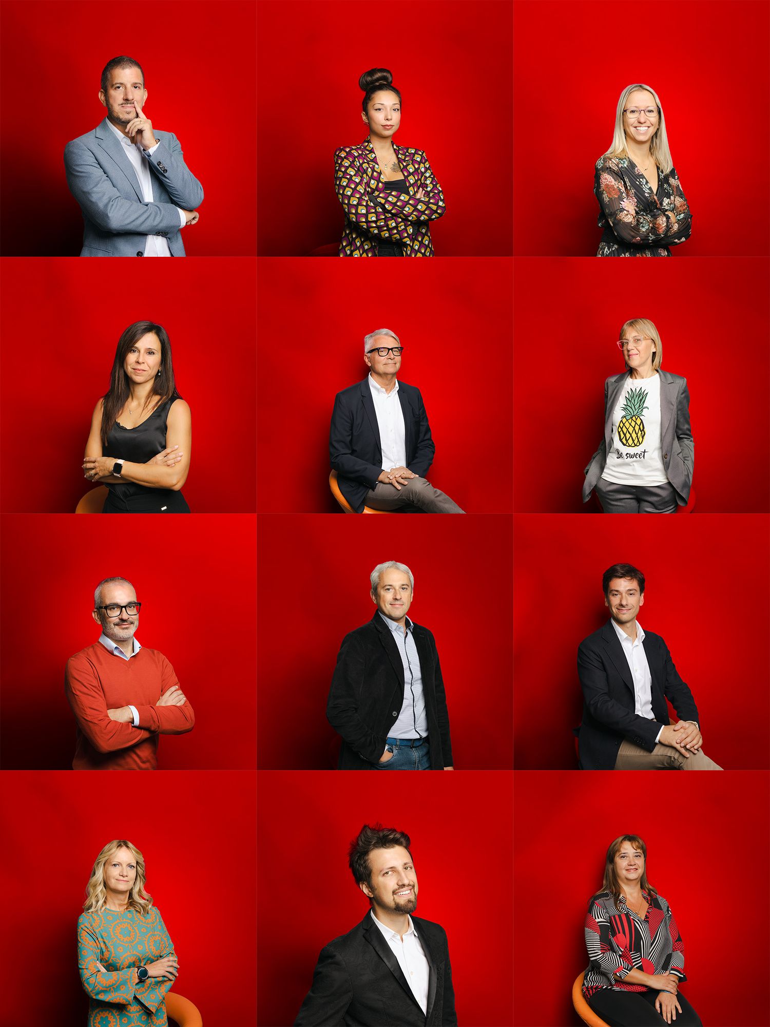 Grid of professional headshots against bright red background in studio setting.