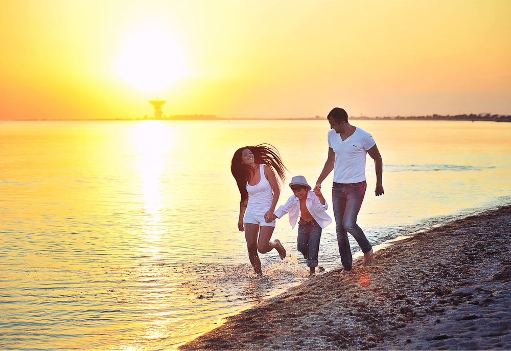 family, sea, sunset,