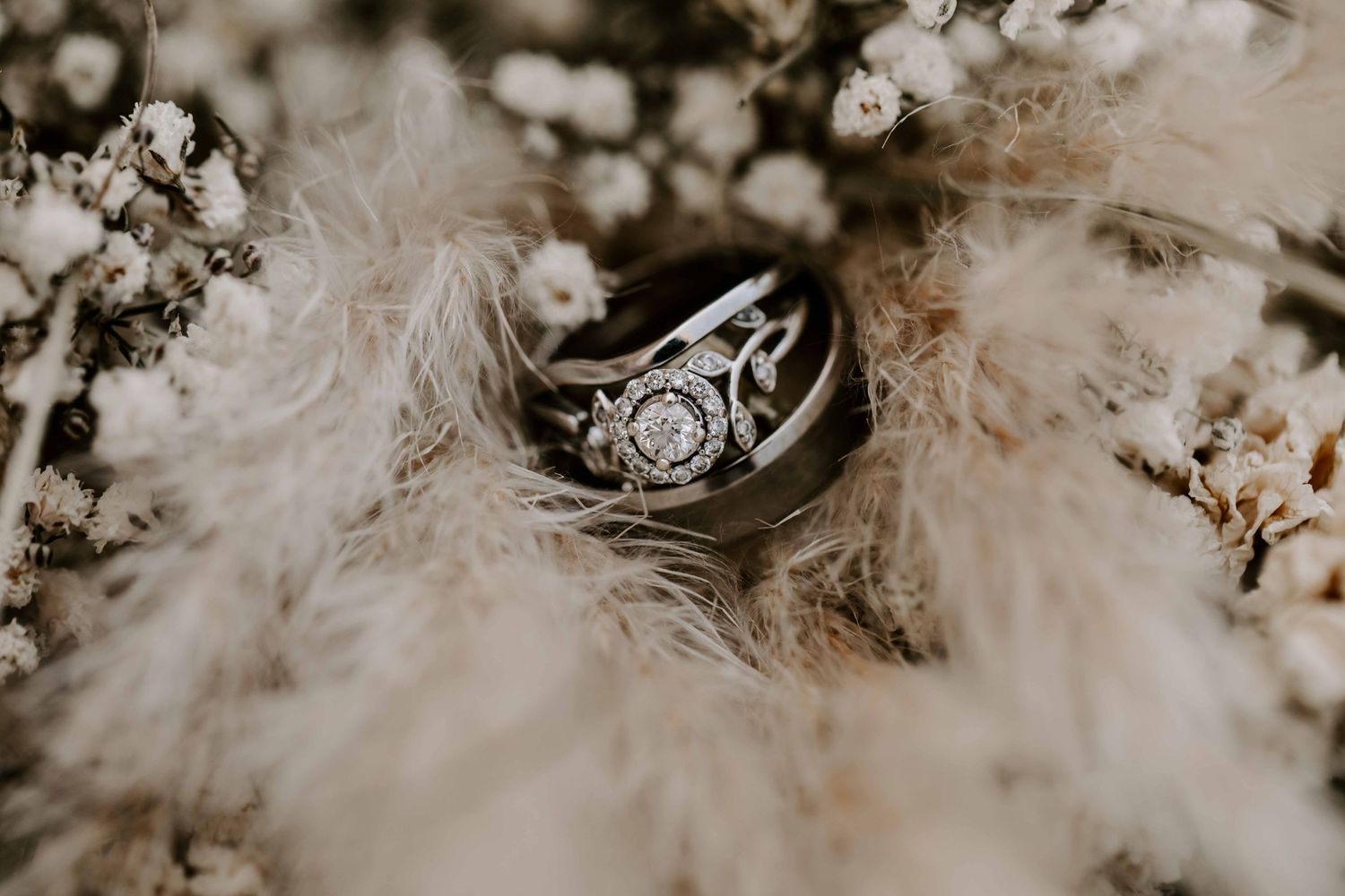 Wedding rings and flowers at northumberland wedding