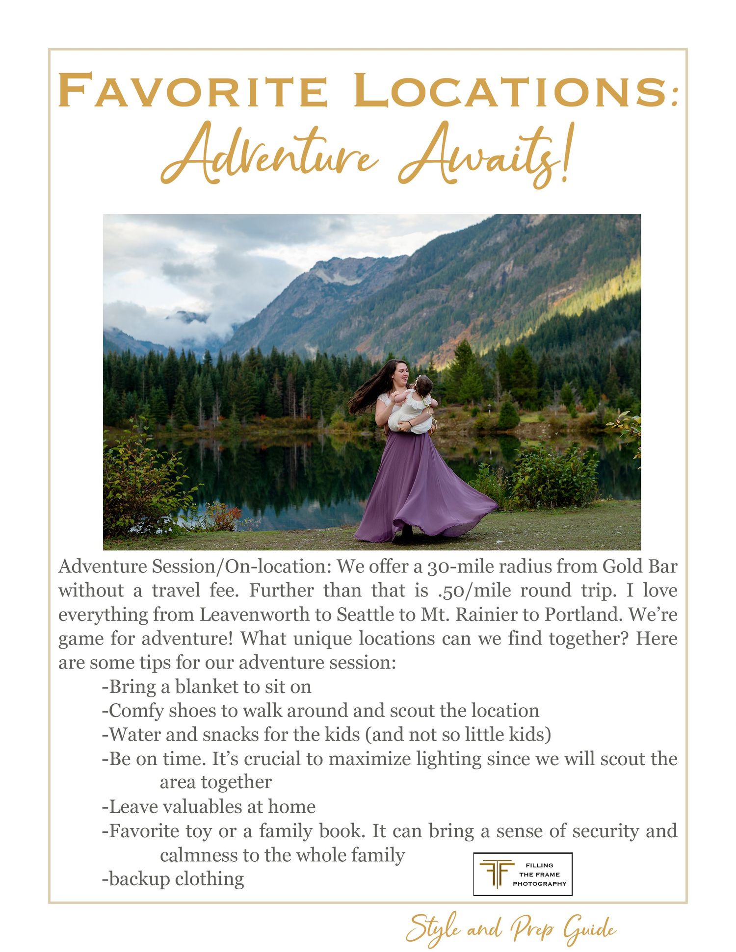 A photography location guide featuring a mountain lake landscape with text overlay.