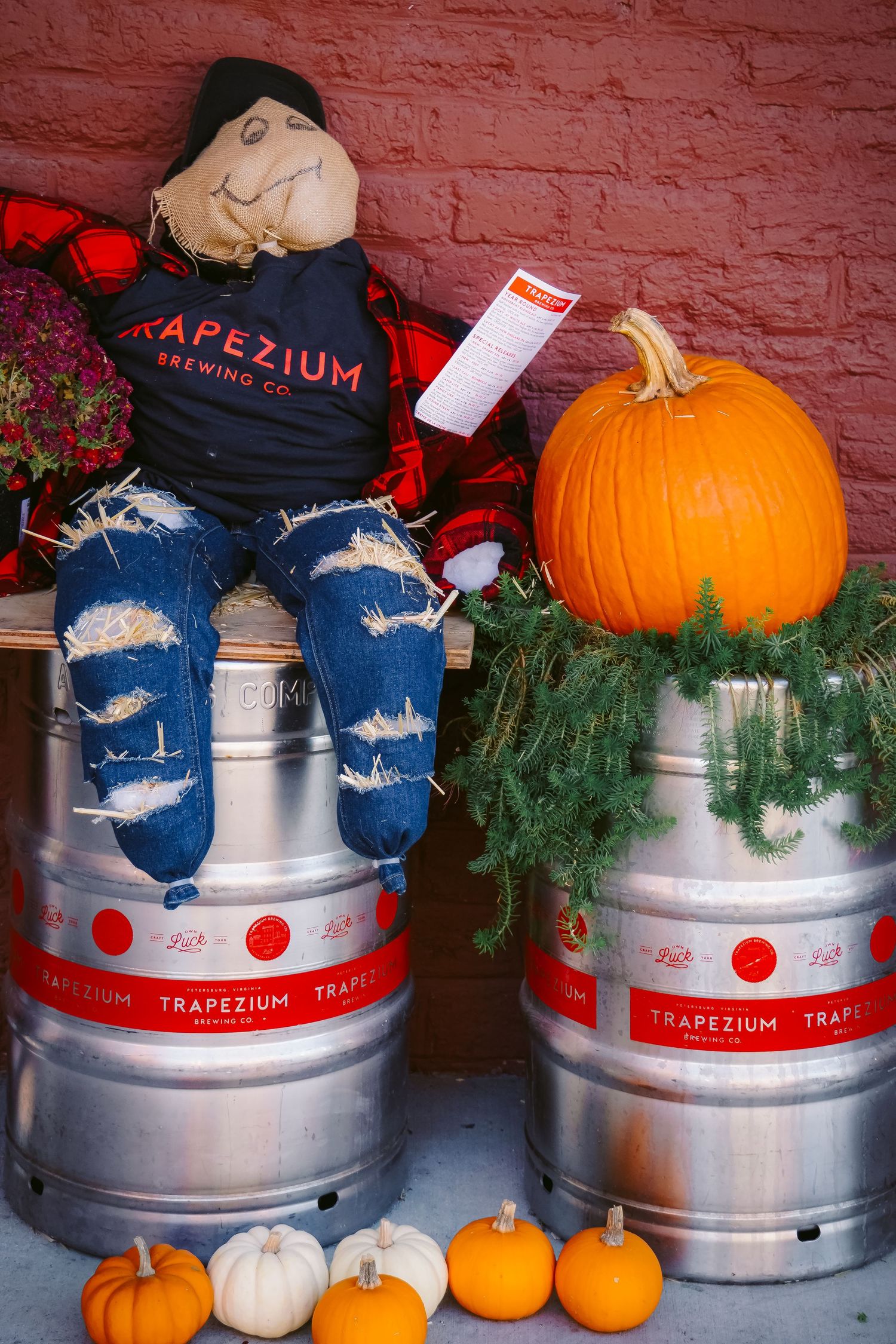 Halloween display with scarecrow, pumpkins and beer kegs decorated for fall season.