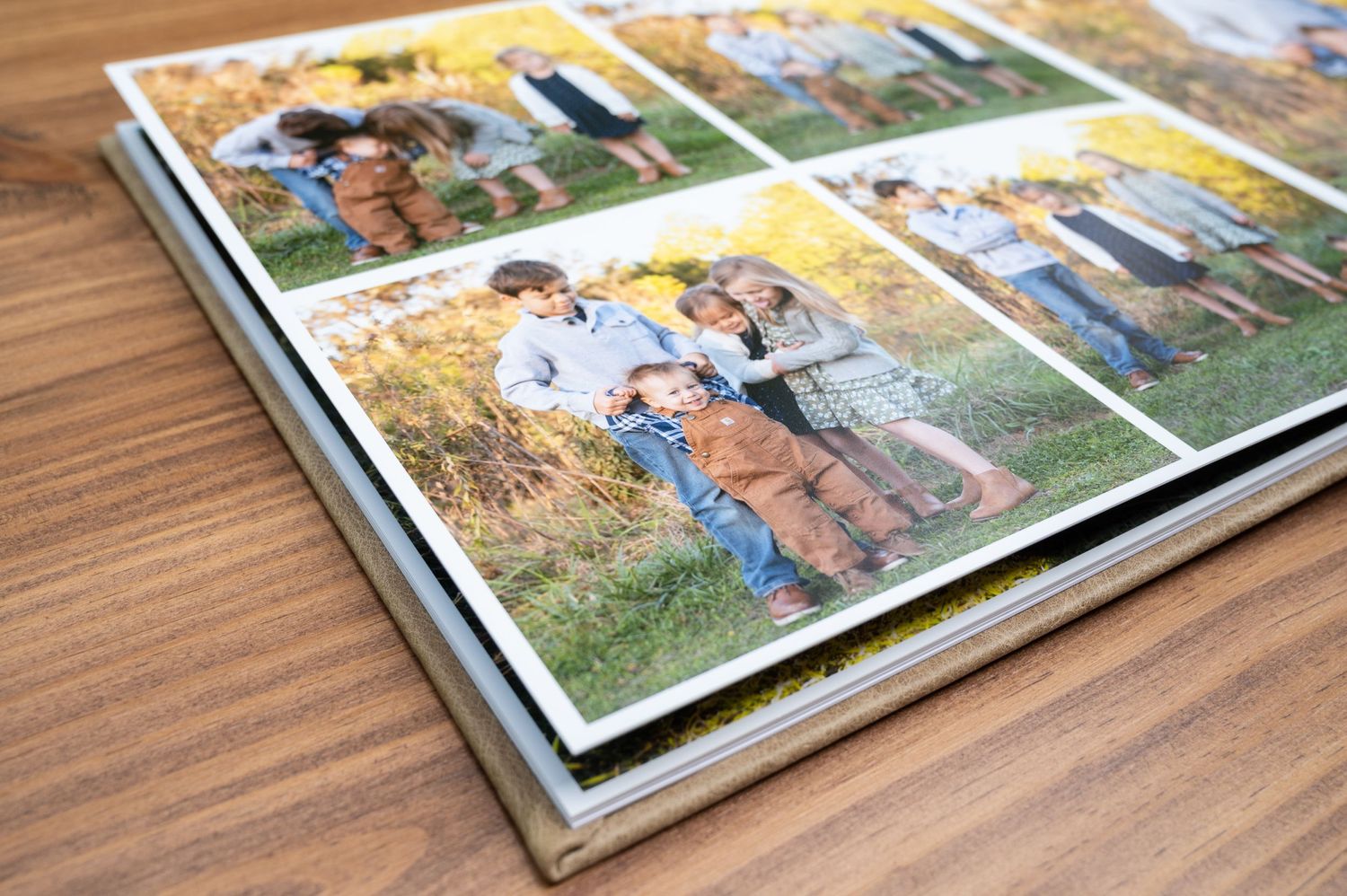 Page from a family photo album featuring pictures from a family session at Shoal Creek Park, Montevallo