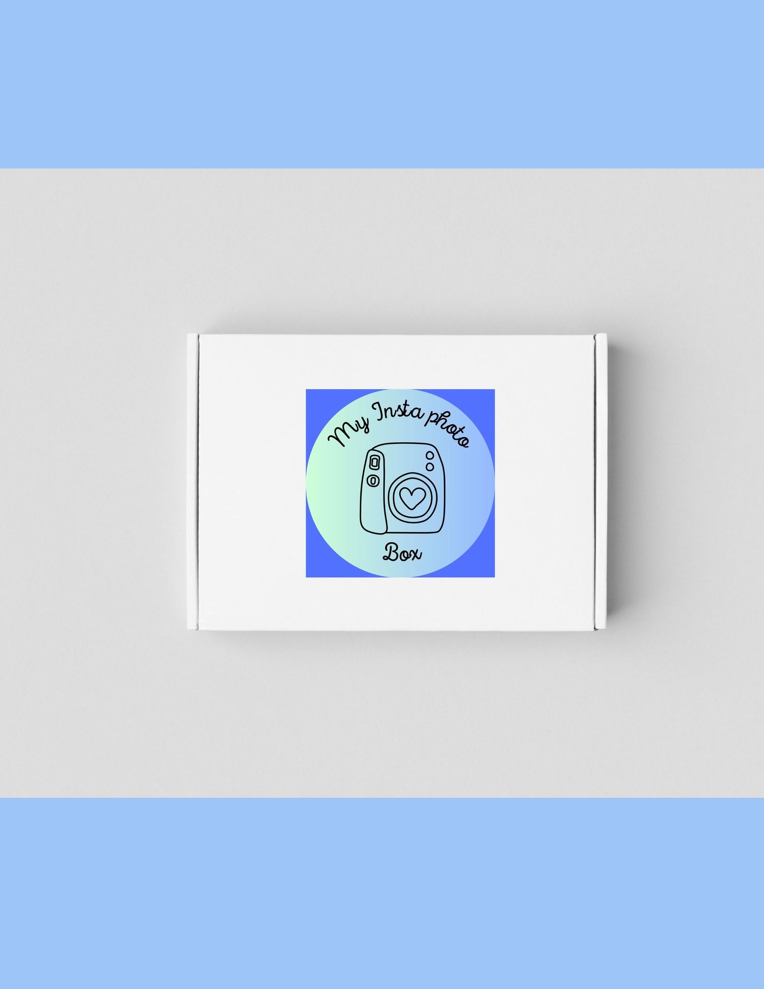 White box with blue gradient photography branding on light background.