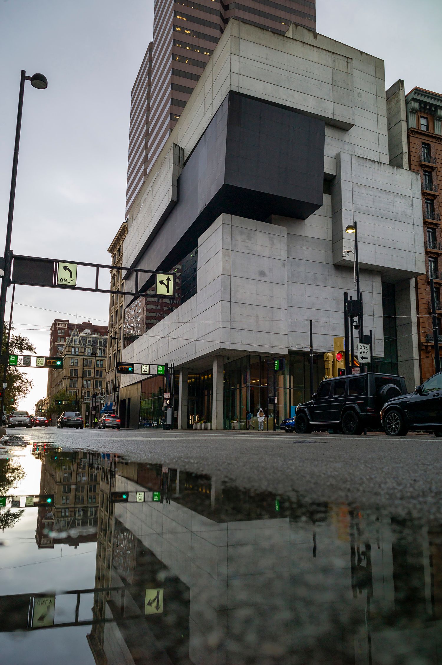 Rain falls outside the architecture of Zaha Hadid’s design of the Contemporary Arts Center