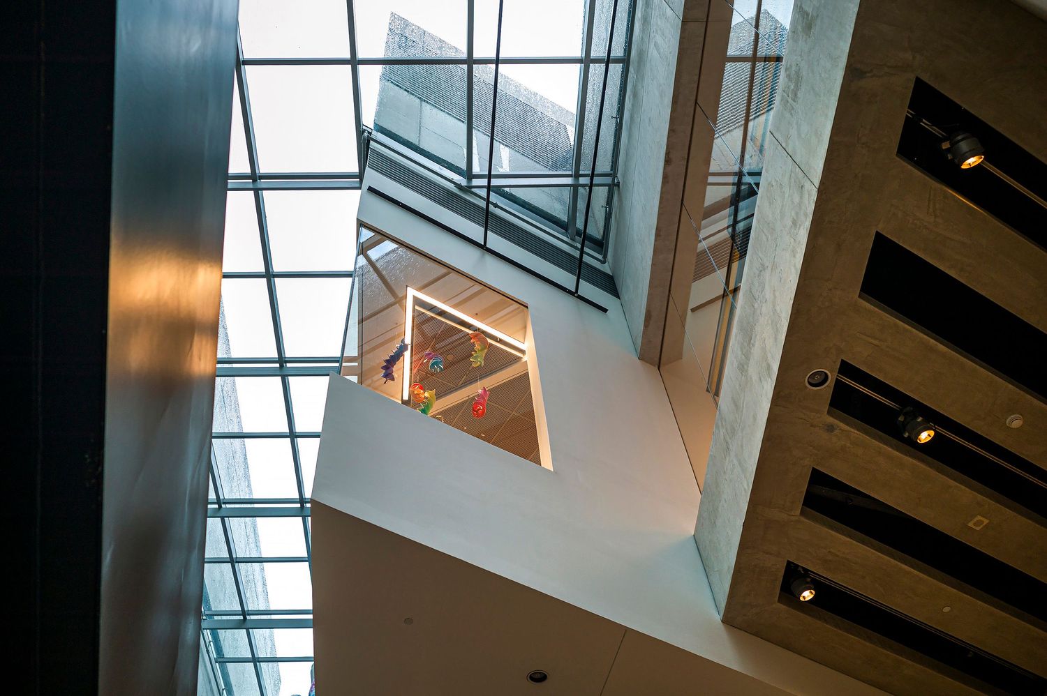 Light falls on corners inside the architecture of Zaha Hadid’s design of the Contemporary Arts Center