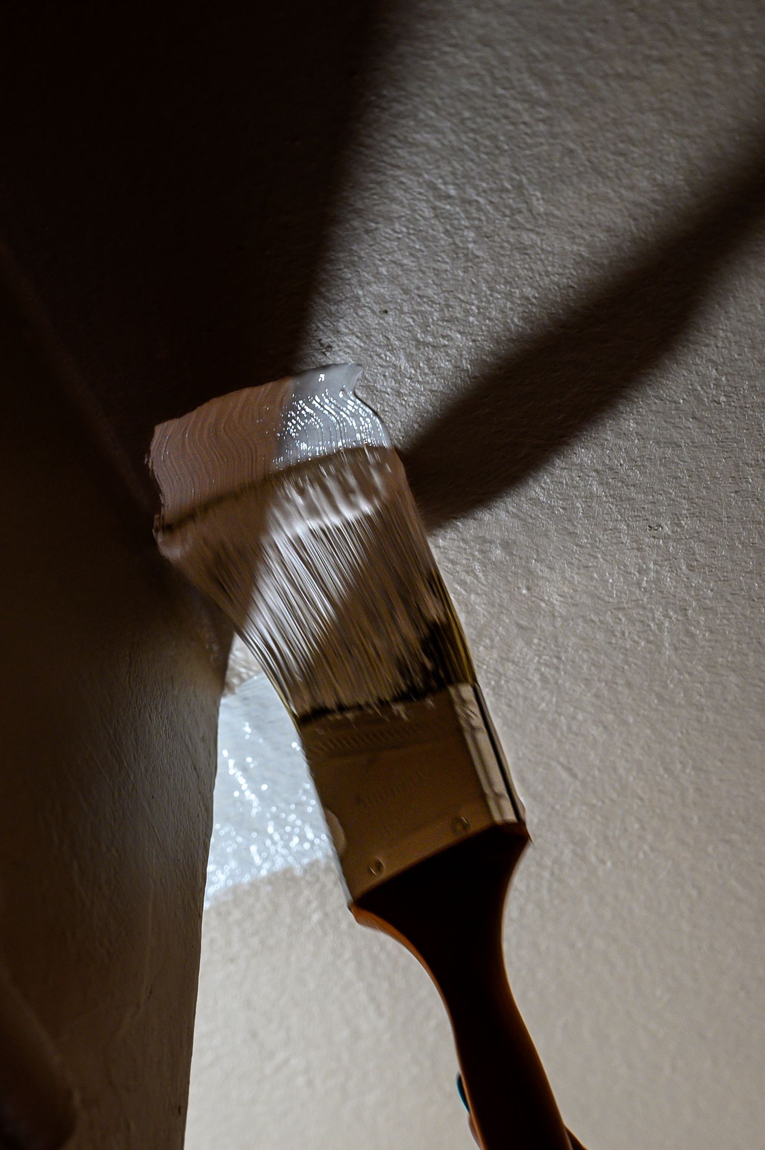 Close-up of paint brush with white paint against textured wall.