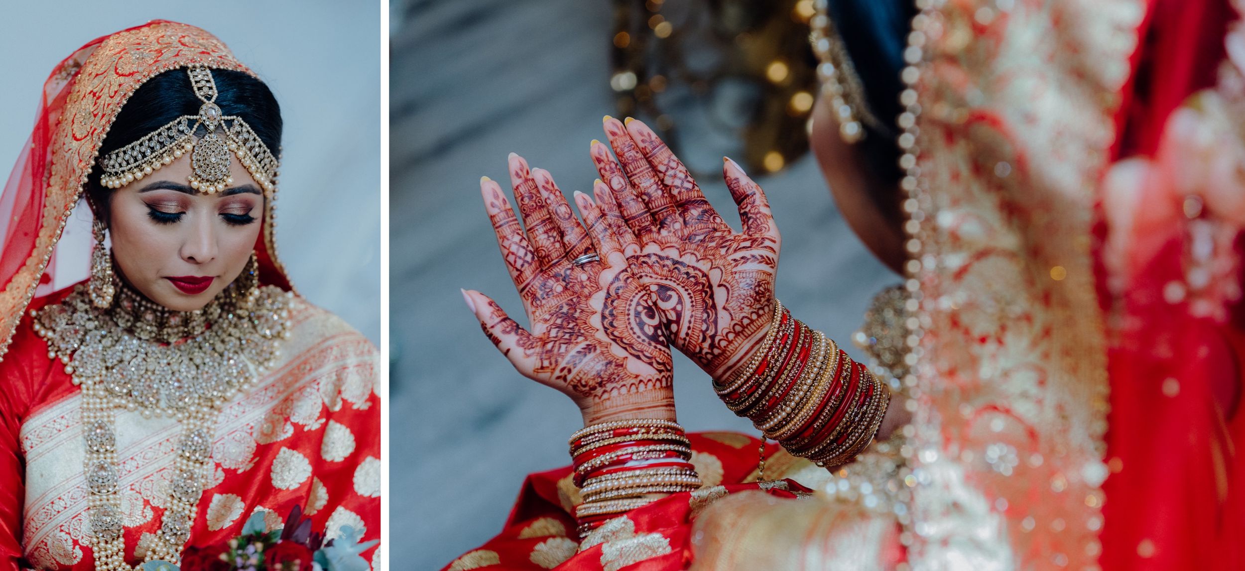 Traditional Indian bridal details showing intricate henna designs and wedding jewelry.
