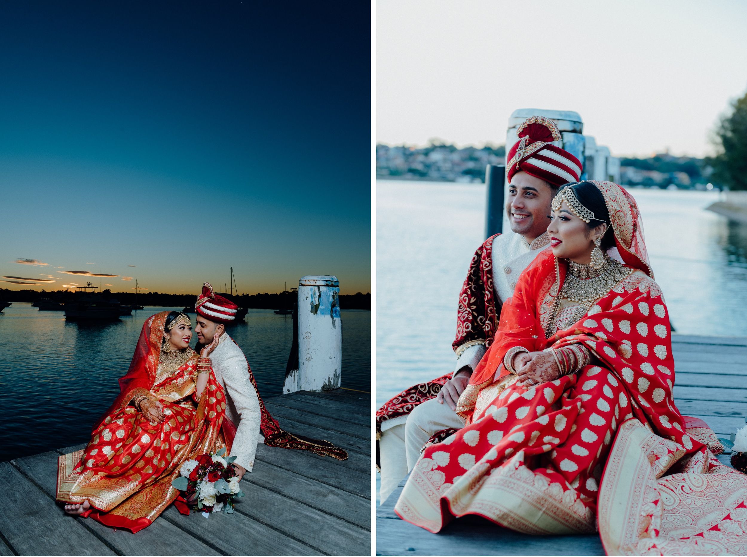 Wedding photography session on a dock showing couple in traditional South Asian attire.
