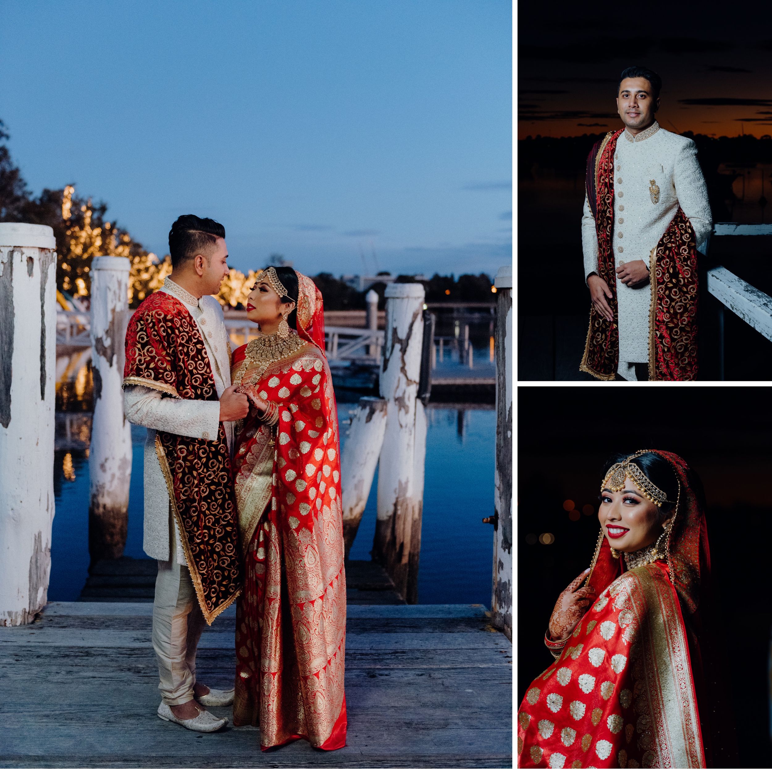 Cultural fusion wedding photoshoot featuring traditional red and white attire on a waterfront deck at dusk.