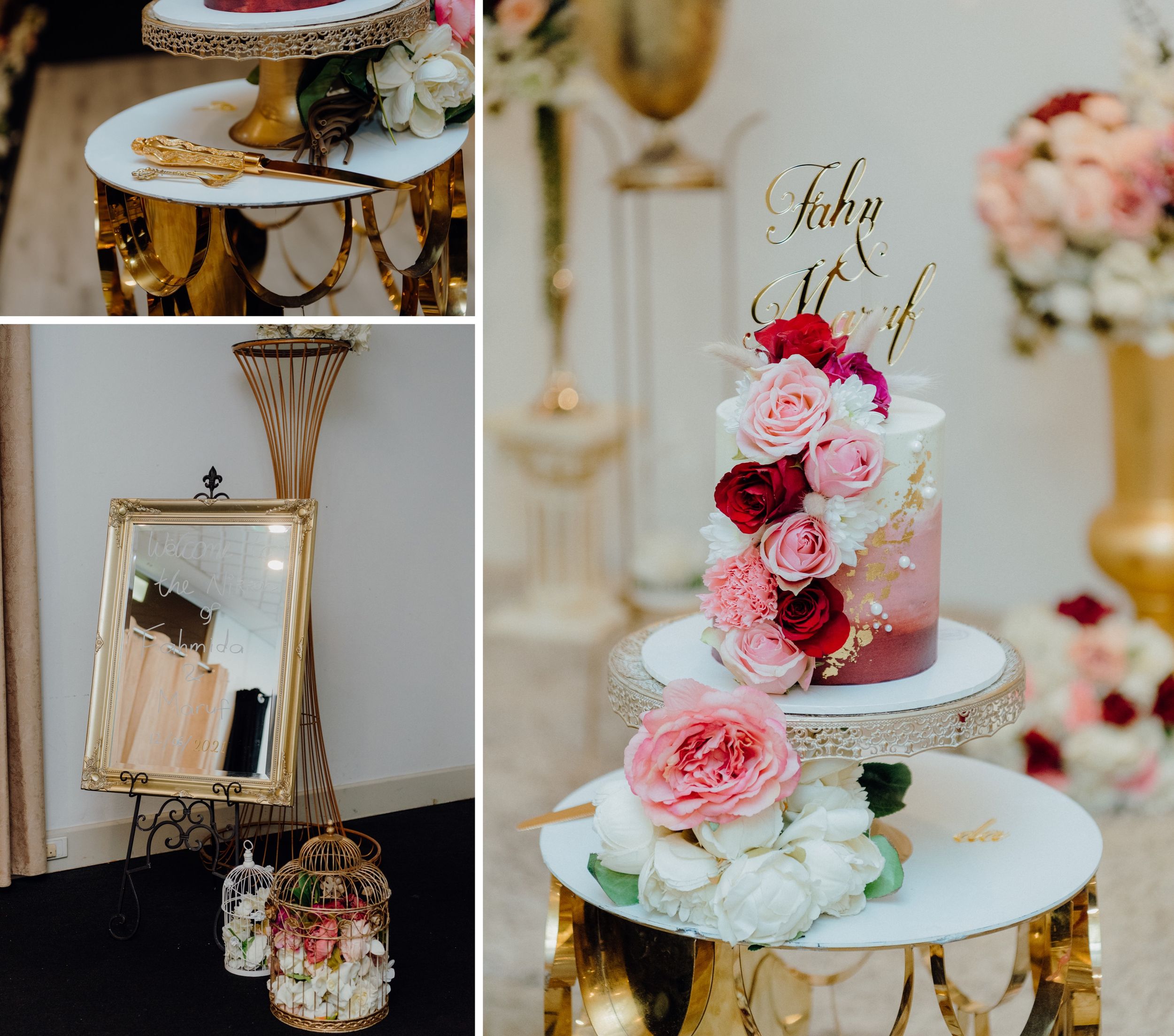 Wedding dessert table with tiered cake decorated with pink and red roses on gold stands.