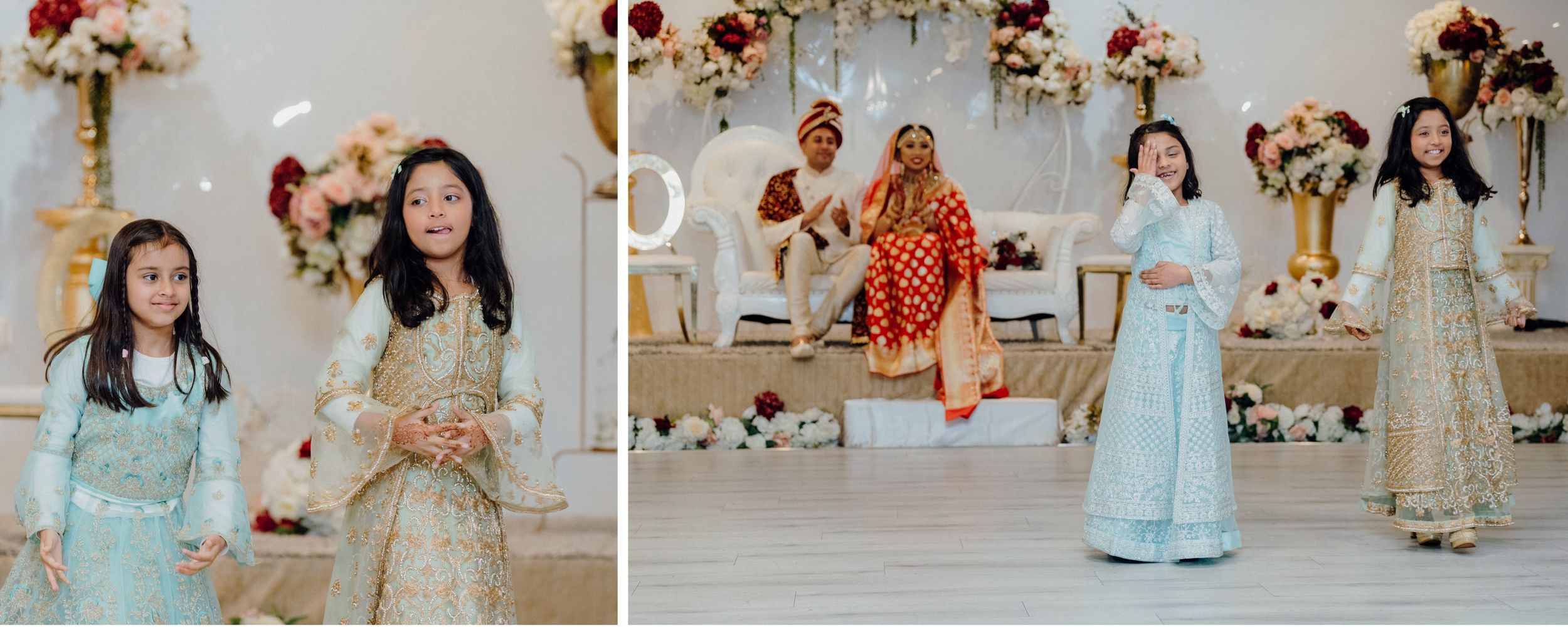 Wedding celebration with guests in elegant attire and floral backdrop decorations.