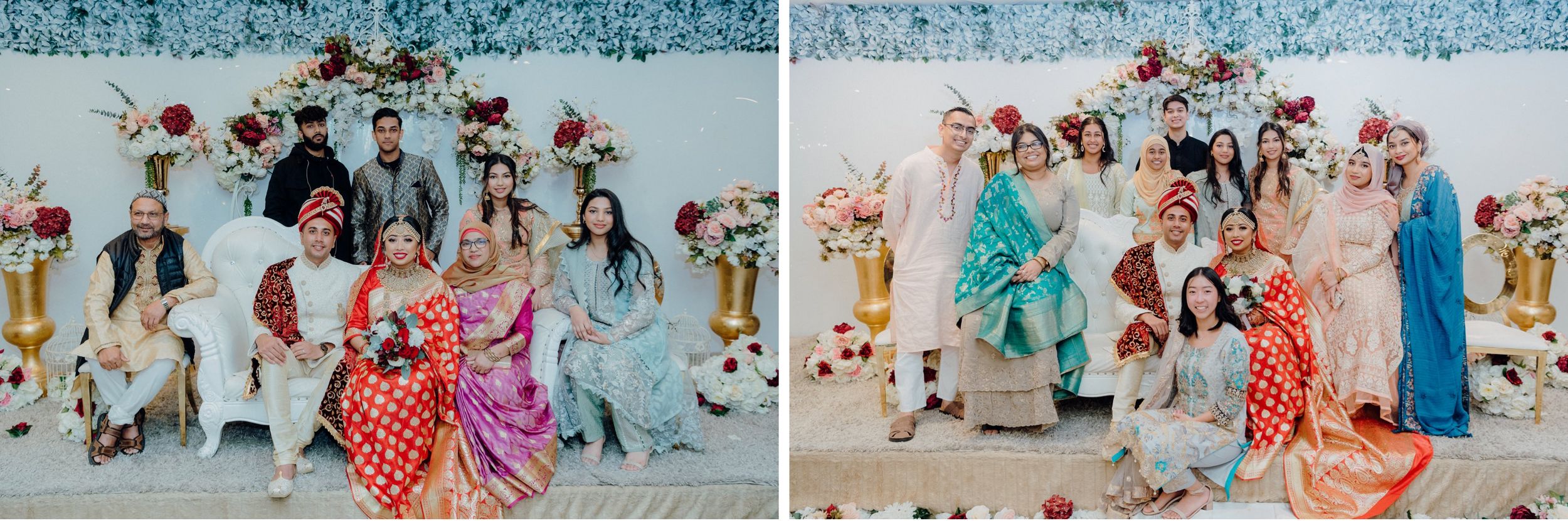 Group photo of wedding guests in colorful traditional attire against floral backdrop.