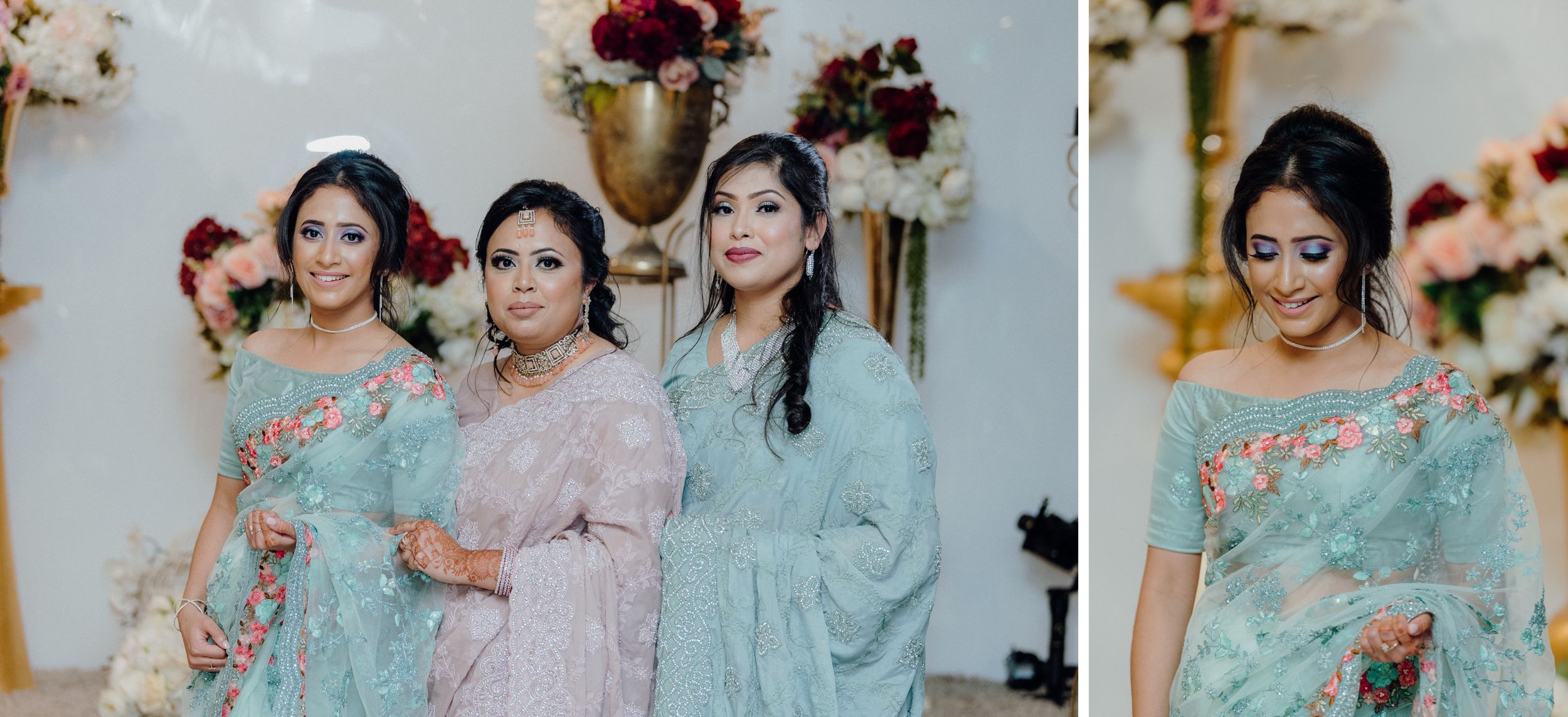 Wedding party members in pastel colored traditional formal attire posing for photo.