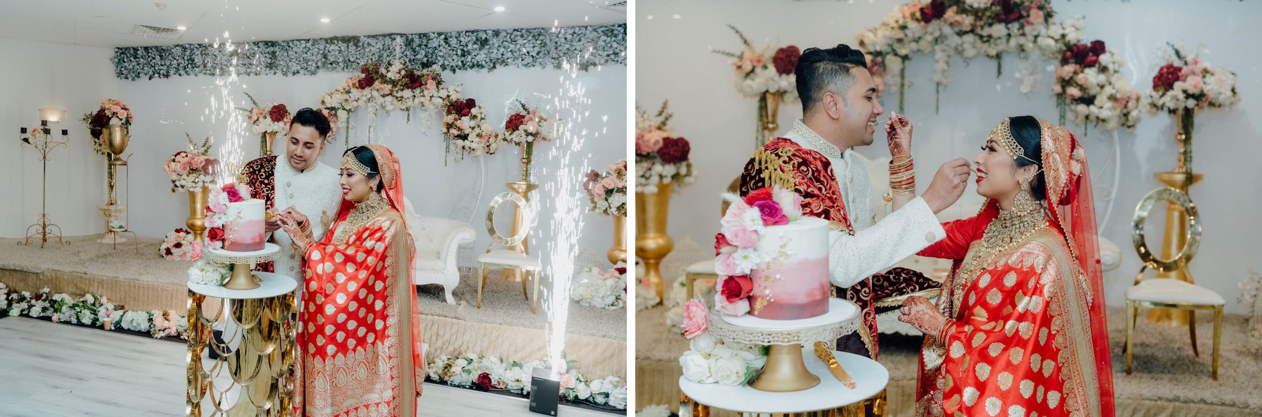 Traditional wedding ceremony taking place with decorative floral backdrop and gold accents.