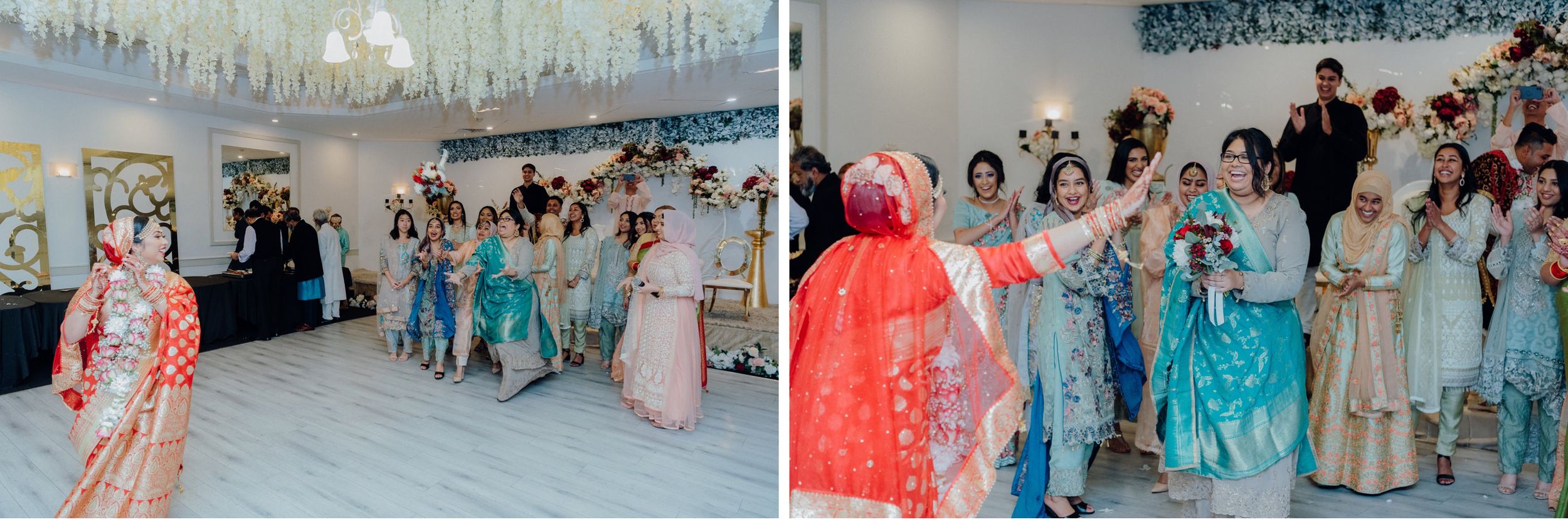 Wedding reception celebration showing dancing and festivities in decorated venue.