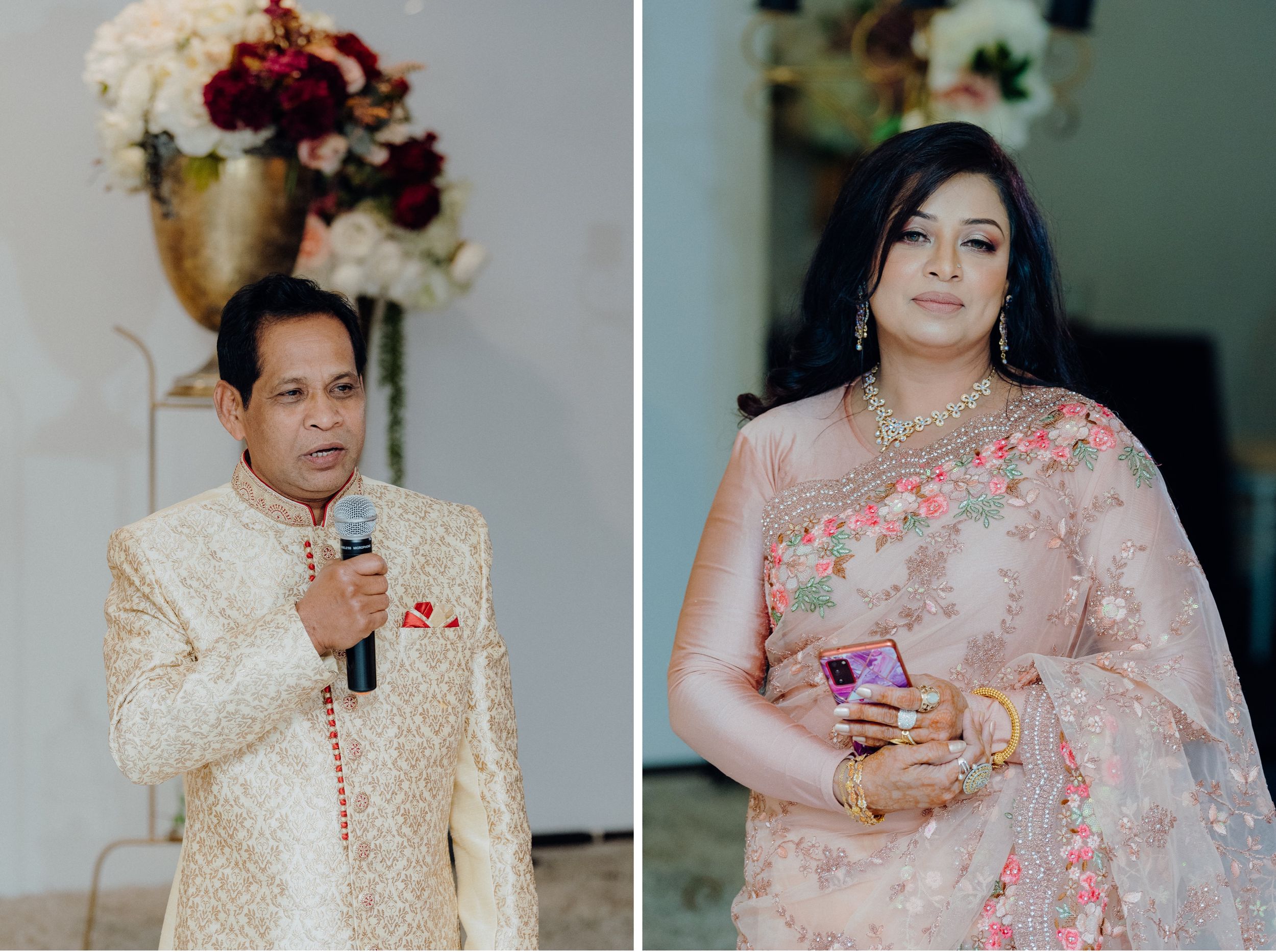 Two wedding guests in traditional attire attending an elegant ceremony with floral decorations.