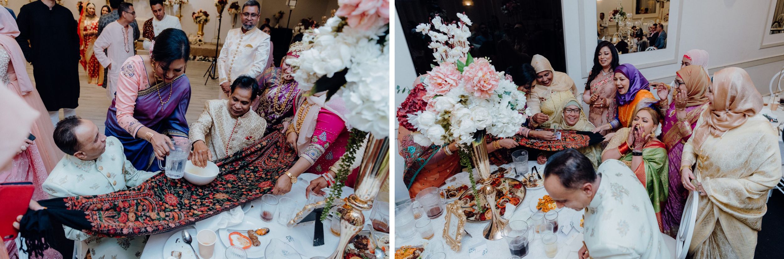 Wedding guests gathered around tables enjoying a traditional celebratory meal.