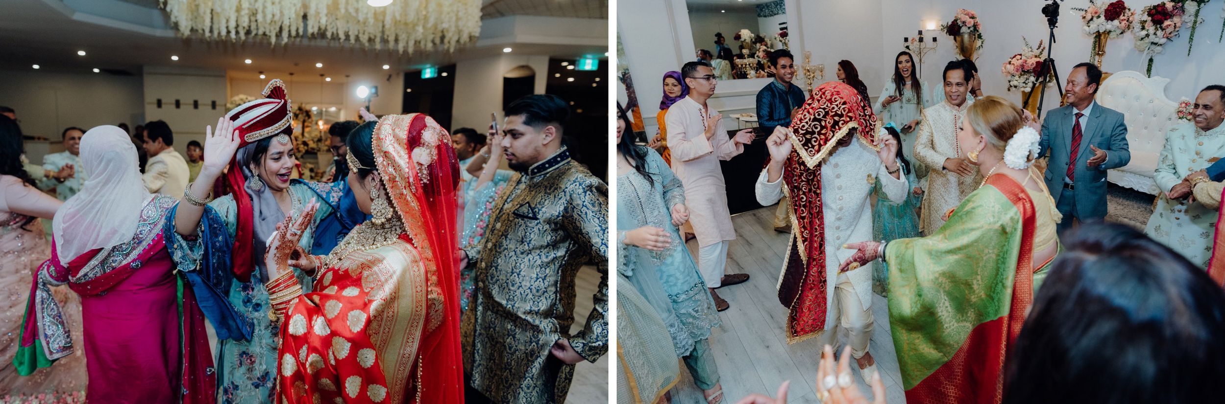Vibrant wedding reception showing guests dancing and celebrating in colorful attire.