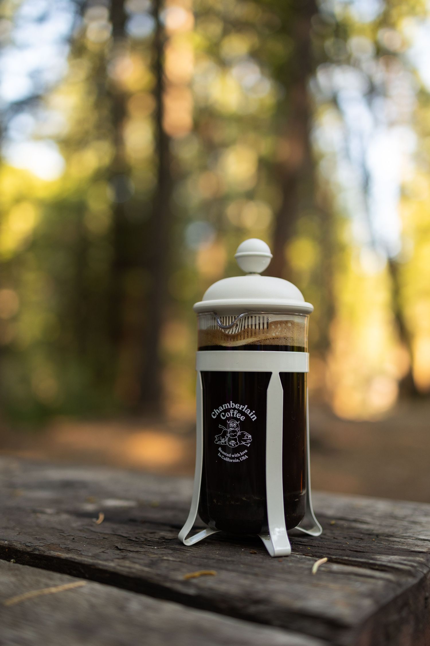 Chamberlain Coffee French press filled with dark coffee on a rustic wooden table outdoors.