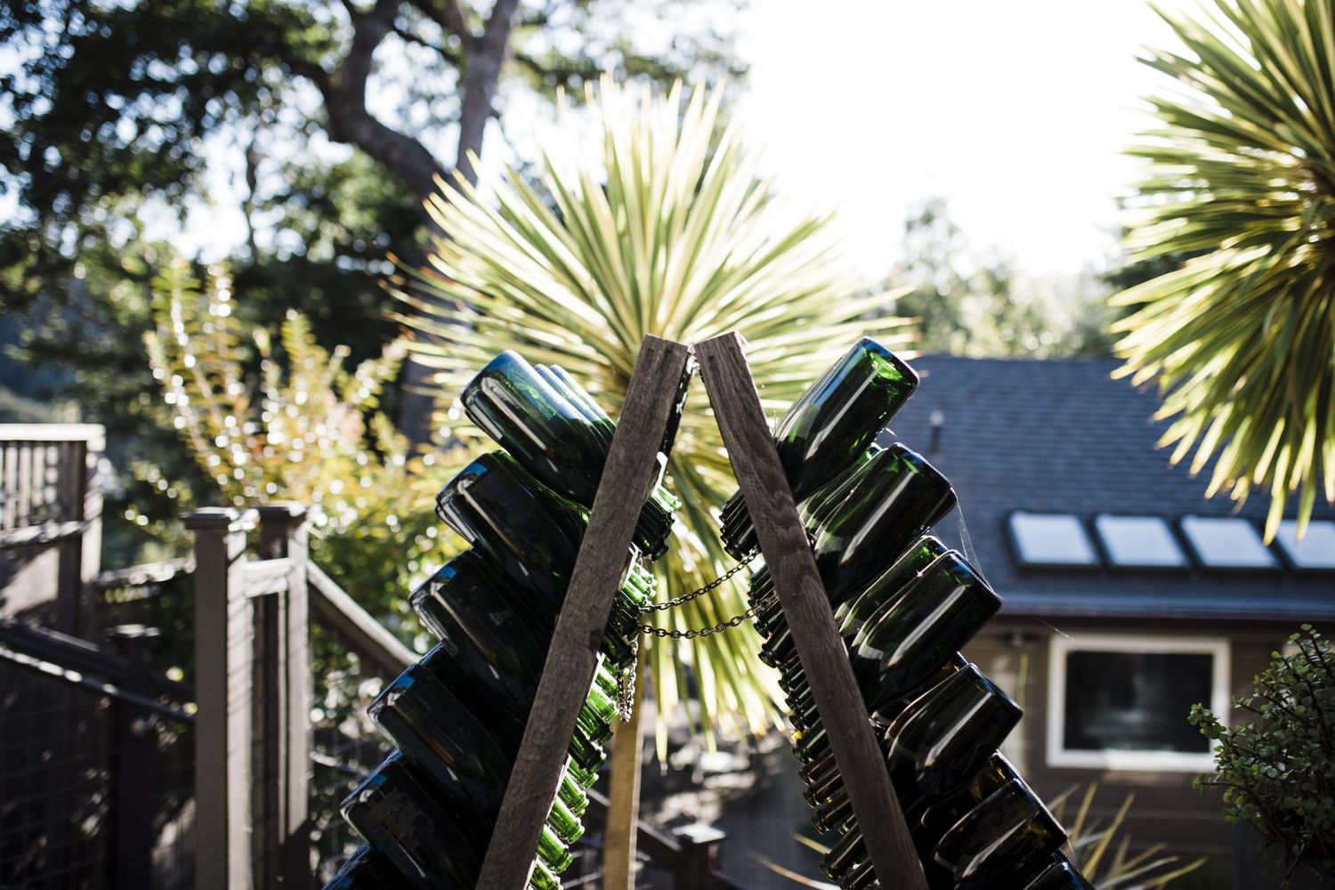 A wine bottle arrangement outside of our Airbnb.